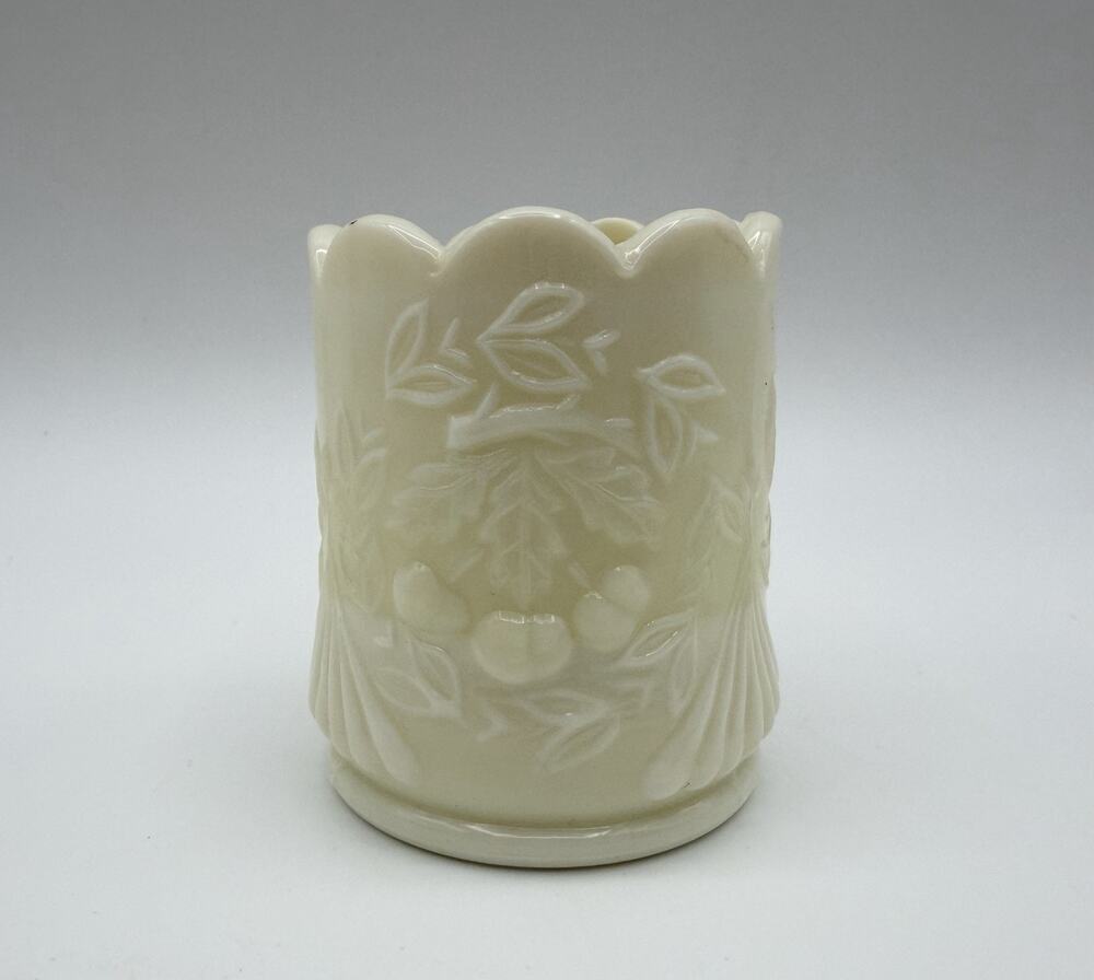LG Wright Wreathed Cherries Uranium Custard Glass Toothpick Holder 2.5” Vintage
